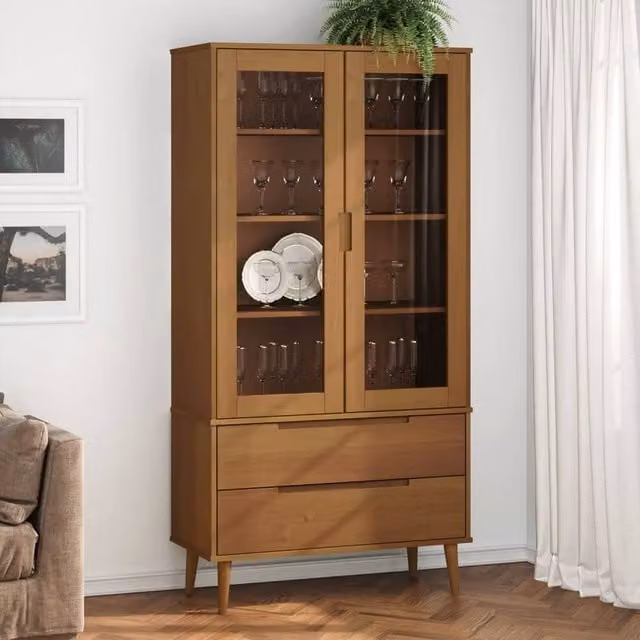 Berkfield Home MOLDE Vitrine Cabinet in Brown Solid Pine Wood with Glass Doors, W/D/H: 90 x 35 x 175 cm