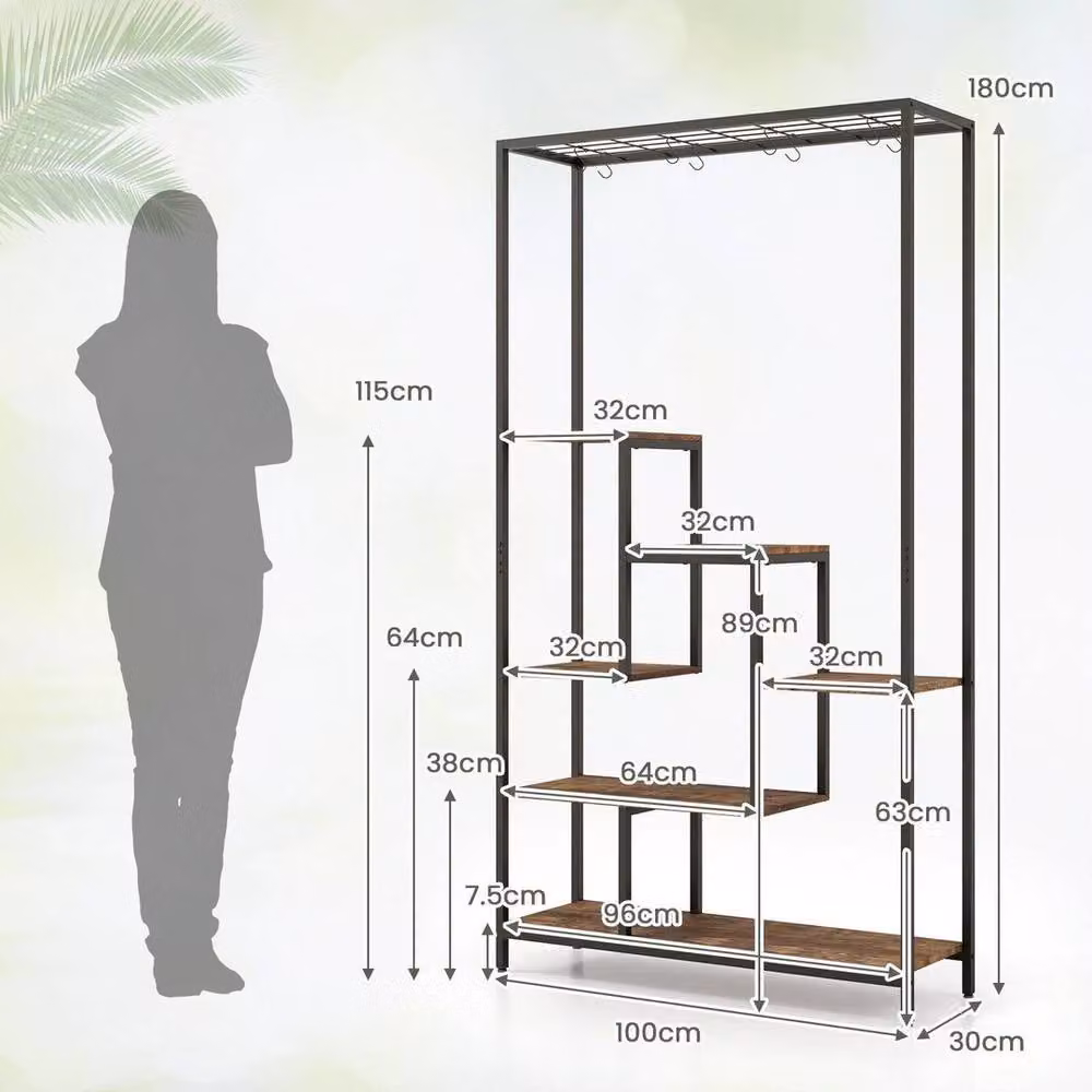 VOGREX 6-Tier Indoor Plant Stand with 10 S Hooks and Wire Shelves in Brown, Height: 180 cm – 2