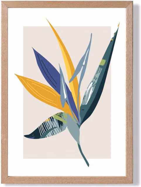 ARTZE Mid Century Modern Tropical Flower Framed Print in Teal, Green and Purple with Oak Frame, A2
