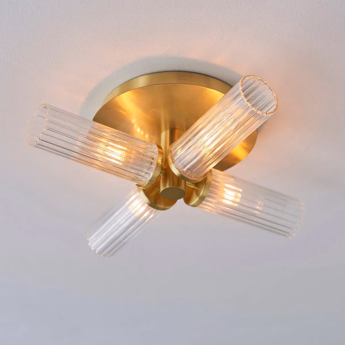 Netlighting Talo Bathroom Semi Flush Ceiling Lamp with Satin Brass Plate and Yellow Ribbed Glass, IP44 – 2