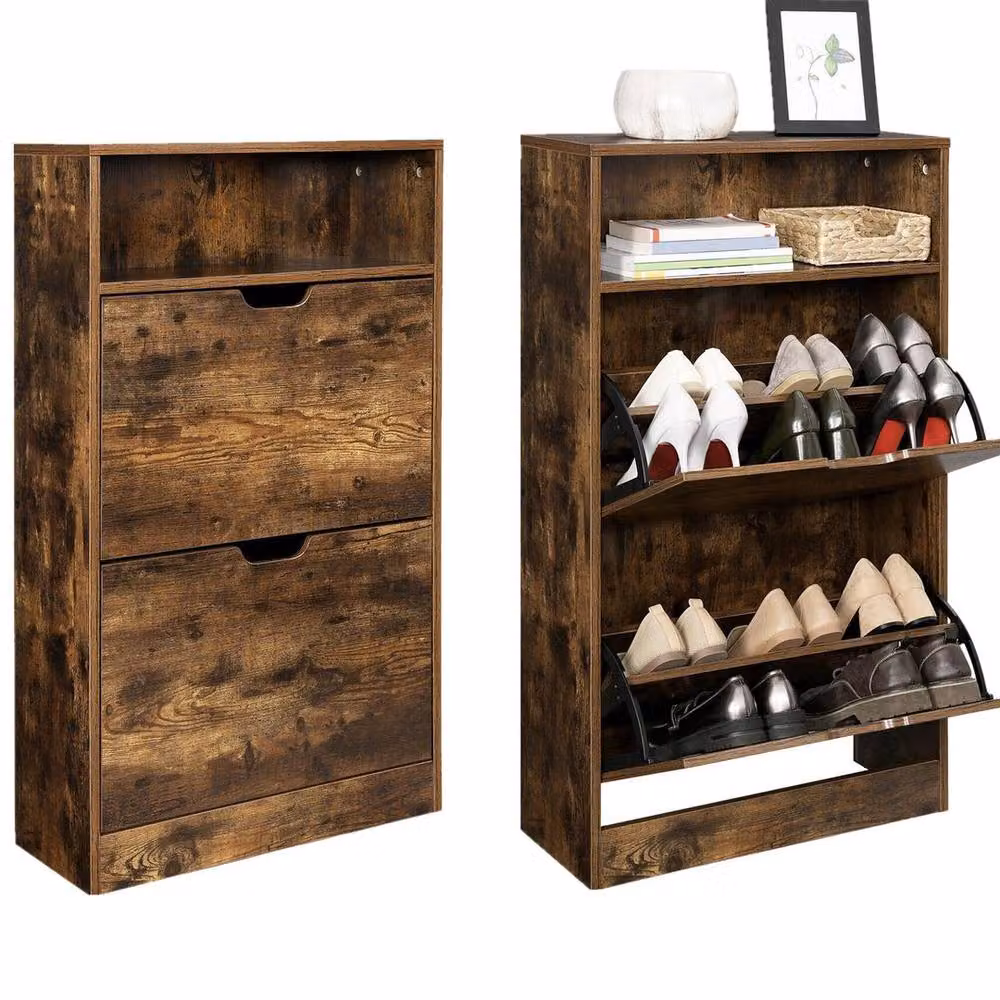 KORVIXA Rustic Brown Wood Shoe Cabinet with Tilting Compartments and Internal Shelves W/D/H: 100 x 100 x 100 cm – 4