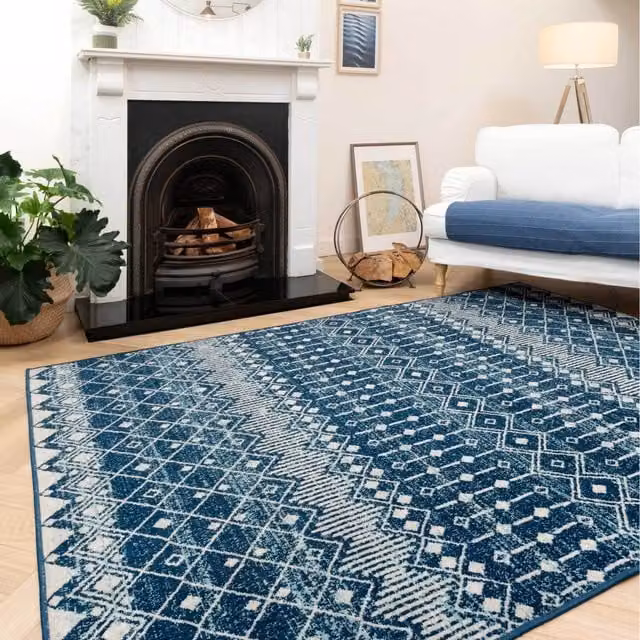 The Rug House Tribal Aztec Low Pile Soft Living Area Rug in Blue and Grey, W: 280 cm, D: 200 cm