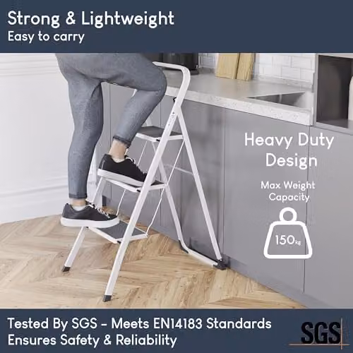 Home Vida 3 Step Heavy Duty Steel Folding Ladder with Anti-Slip Rubber Feet, White, H: 105 cm, W: 46 cm – 2