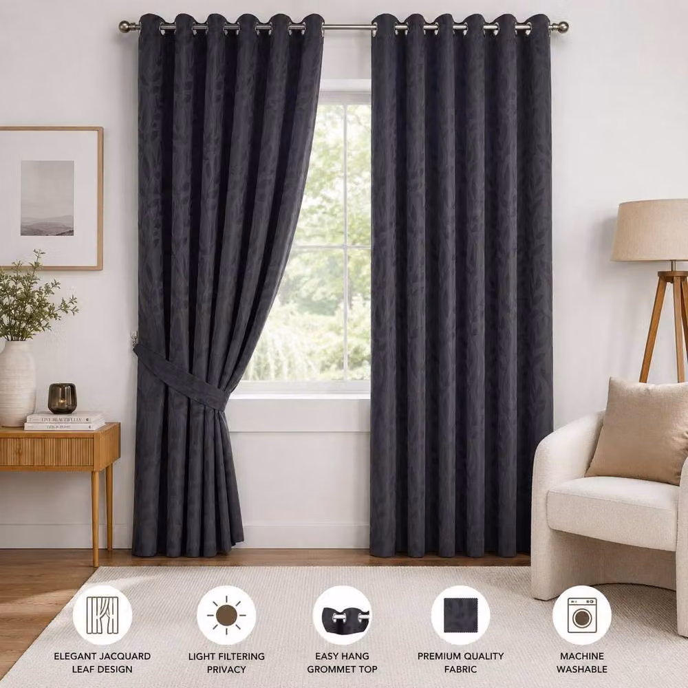 Luxury Living Jacquard Leaf Ring Top Curtains in Charcoal Grey, Width: 117 cm, Drop: 137 cm – 2
