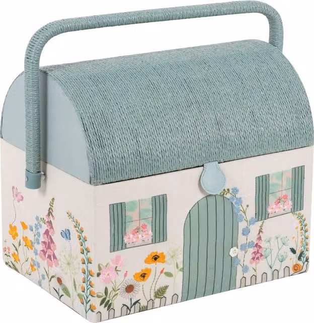 Hobby Gift Country Cottage Sewing Box in Multicolour and White with Handles
