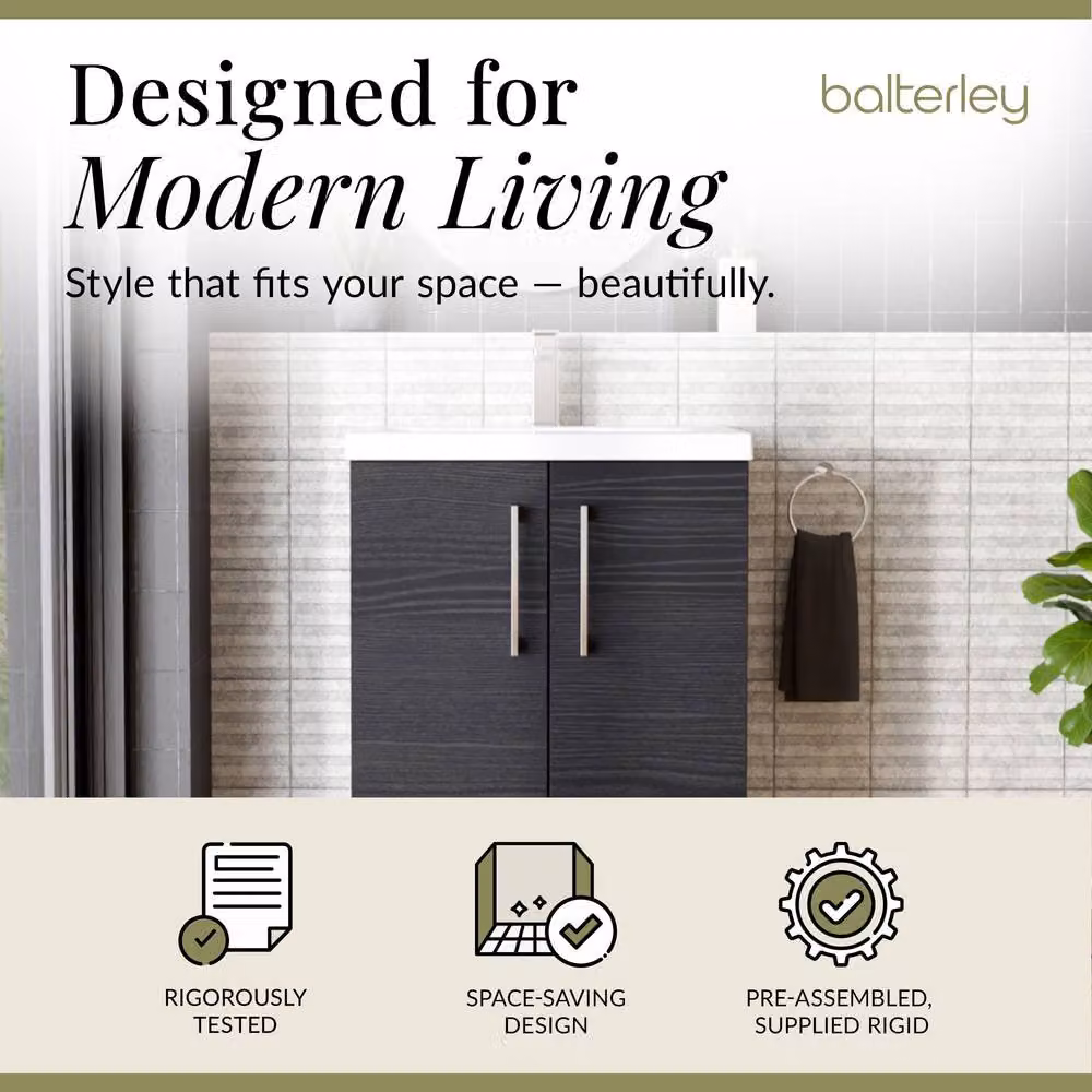 Balterley Contemporary Floor Standing Bathroom Vanity Unit with Mid-Edge Ceramic Basin, Charcoal Black, W: 61 cm, D: 39 cm, H: 84 cm – 2