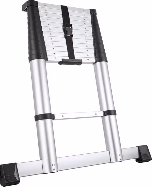 tectake 13-Step Telescopic Aluminium Ladder with Non-Slip Rubber Feet in Silver, 3.85 m
