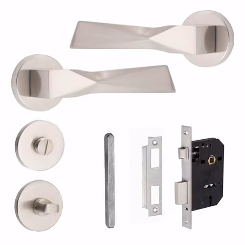 Golden Grace Brushed Silver Bathroom Door Handles with Round Rose Set – 1