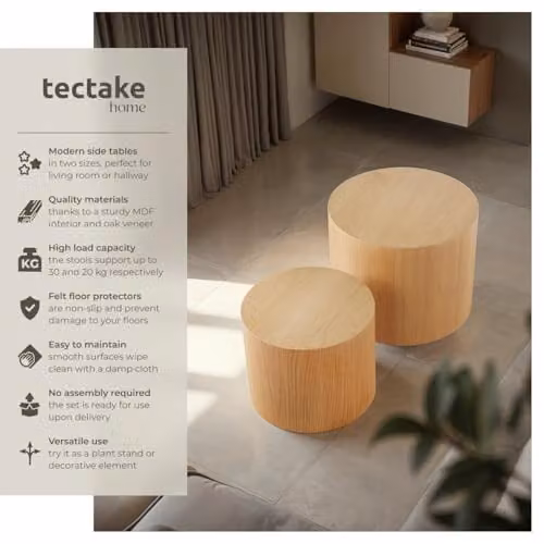 tectake Set of 2 Round Wooden Coffee Tables in Rustic Oak Look, Brown MDF – 3