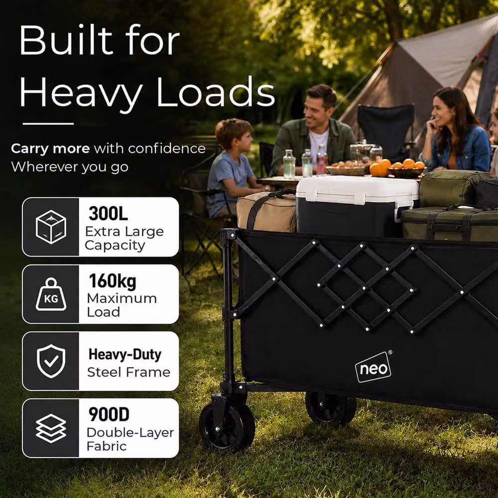 Neo XL Heavy Duty Folding Wagon Cart with Adjustable Handle, 300L, Black – 3