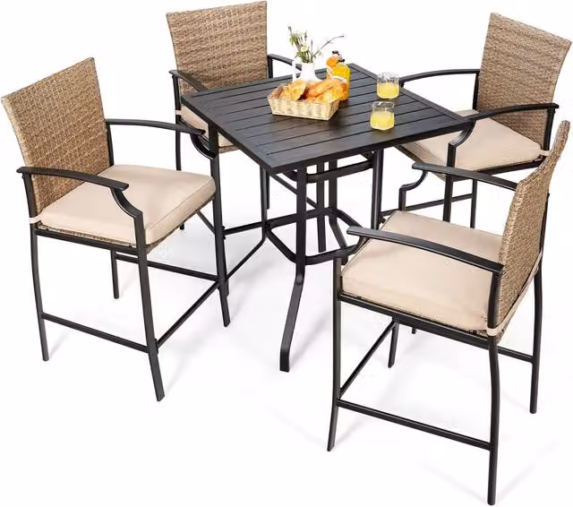 Costway 5 Piece Outdoor Bistro Set with 4 Rattan Chairs and 1 Bar Table in Multicolour – 1