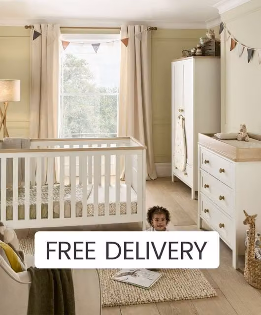 Mamas & Papas Wedmore 3 Piece Cotbed Range with Dresser Changer and Wardrobe in White and Oak