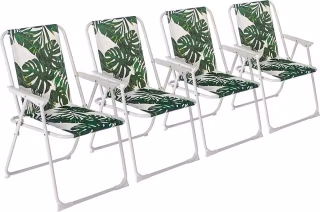 Harbour Housewares Set of 4 Folding Metal Beach Deck Chairs in Yellow Multicolour Floral Banana Leaf Design