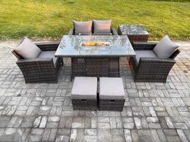 Fimous 6 Seater Outdoor Rattan Garden Furniture Set with Gas Firepit Dining Table and Side Table in Dark Grey