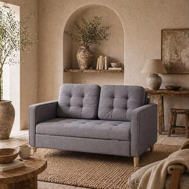 Wyld Haus Labasu 2 Seater Grey Fabric Sofa with Tufted Seat and Hidden Storage