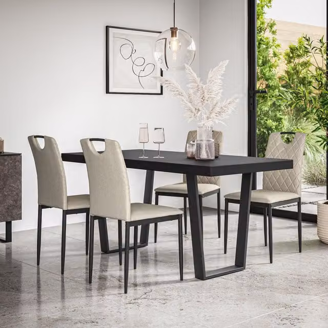 More4Homes Aria Dining Table and Monza Linen Dining Chair Set, Black Table with 4 Beige Chairs – 1