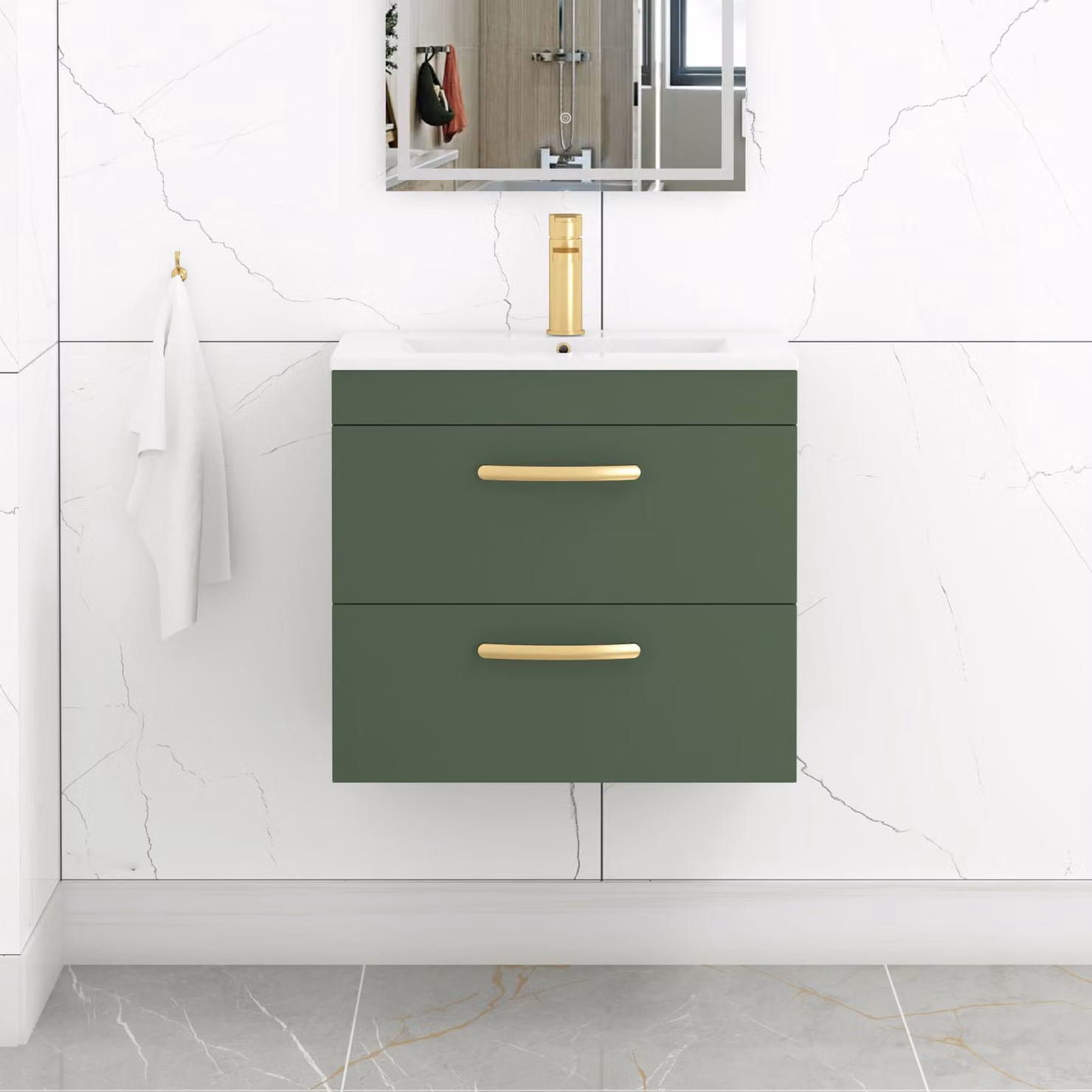 Royal Bathrooms Turin 600mm Wall Hung Vanity Unit in Matt Green with 2 Drawers and Brushed Brass Handles