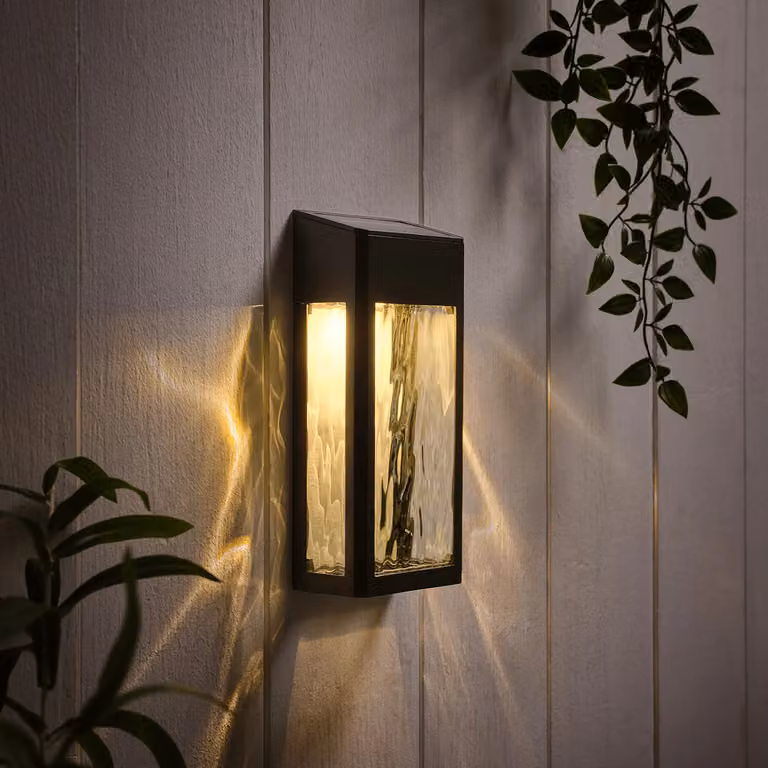 Lights4fun Modern Black Glass and Metal Solar LED Wall Light for Garden