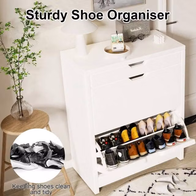 FLAVORA Modern White Wooden Shoe Cabinet with Tilting Compartments and Internal Shelves – 1