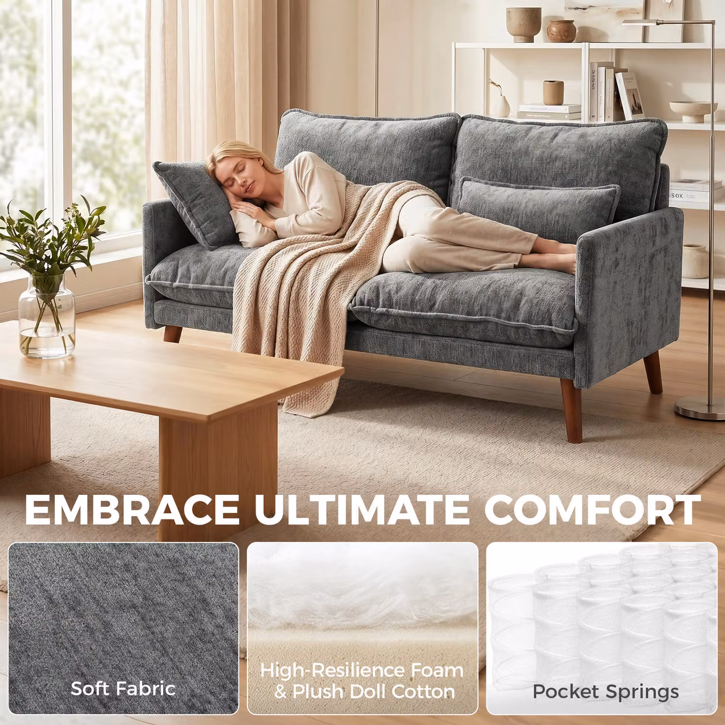 HOMCOM Modern 2 Seater Velvet Loveseat Sofa in Grey with Scatter Cushions and Rubberwood Legs – 4
