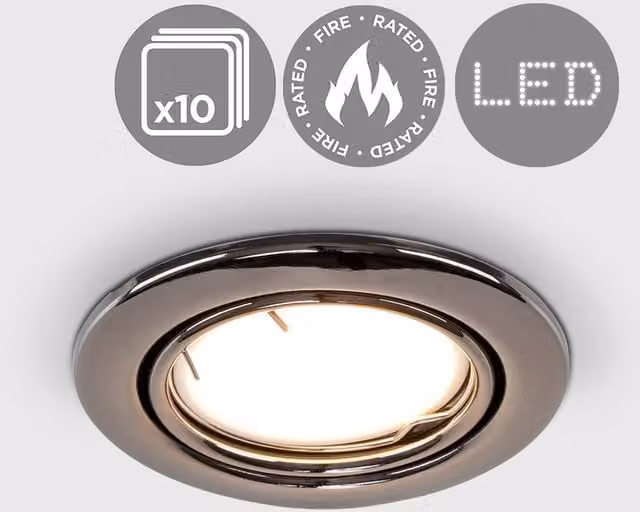 ValueLights 10 Pack of Tiltable Fire Rated Recessed LED Downlights in Black Chrome, 50W, GU10, Round