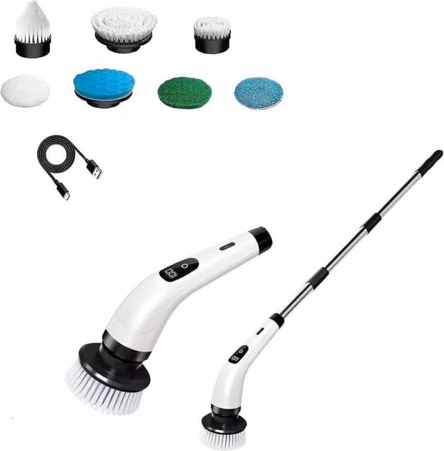 KORVIXA Cordless Electric Spin Scrubber with Long Handle in White and Multicolour, H 100 x W 15 x D 15 cm – 1