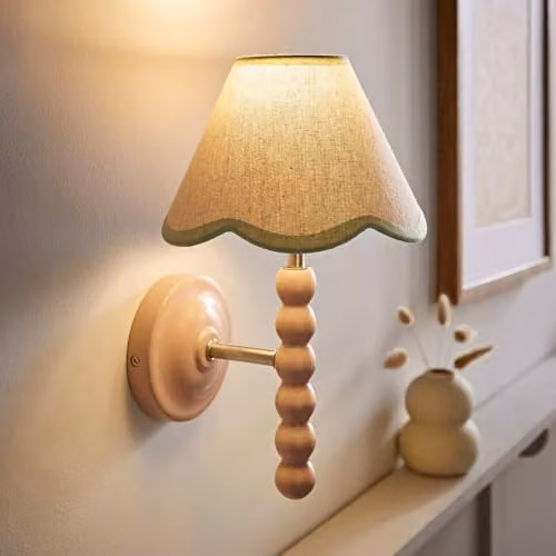 ValueLights Bobbin Pair of Pink Wall Lights with Green Trim Scallop Fabric Shades, Mains Wired