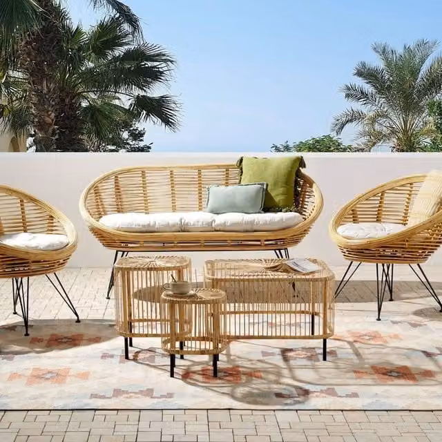 Wyld and Coco 4-Seater Rattan Outdoor Sofa Set with Beige Cushions and Coffee Table – 1