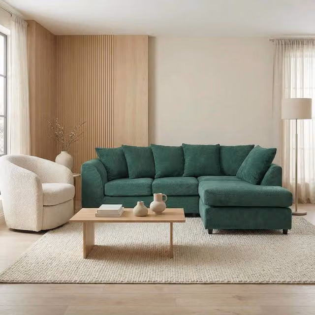 Abakus Direct Jumbo Grid Right Hand Corner Sofa in Green with Scatter Cushions – 1