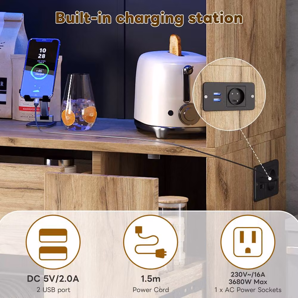 Merax Modern Brown Tall Kitchen Dresser with Integrated Lighting, Internal Shelves and Bottle Rack, Height: 105 cm – 5