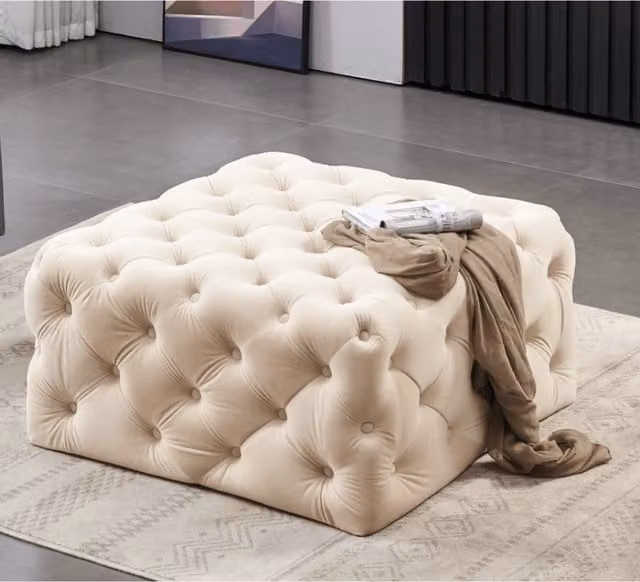 Life Interiors Melia Square LUX Single Pouffe in Cream Velvet