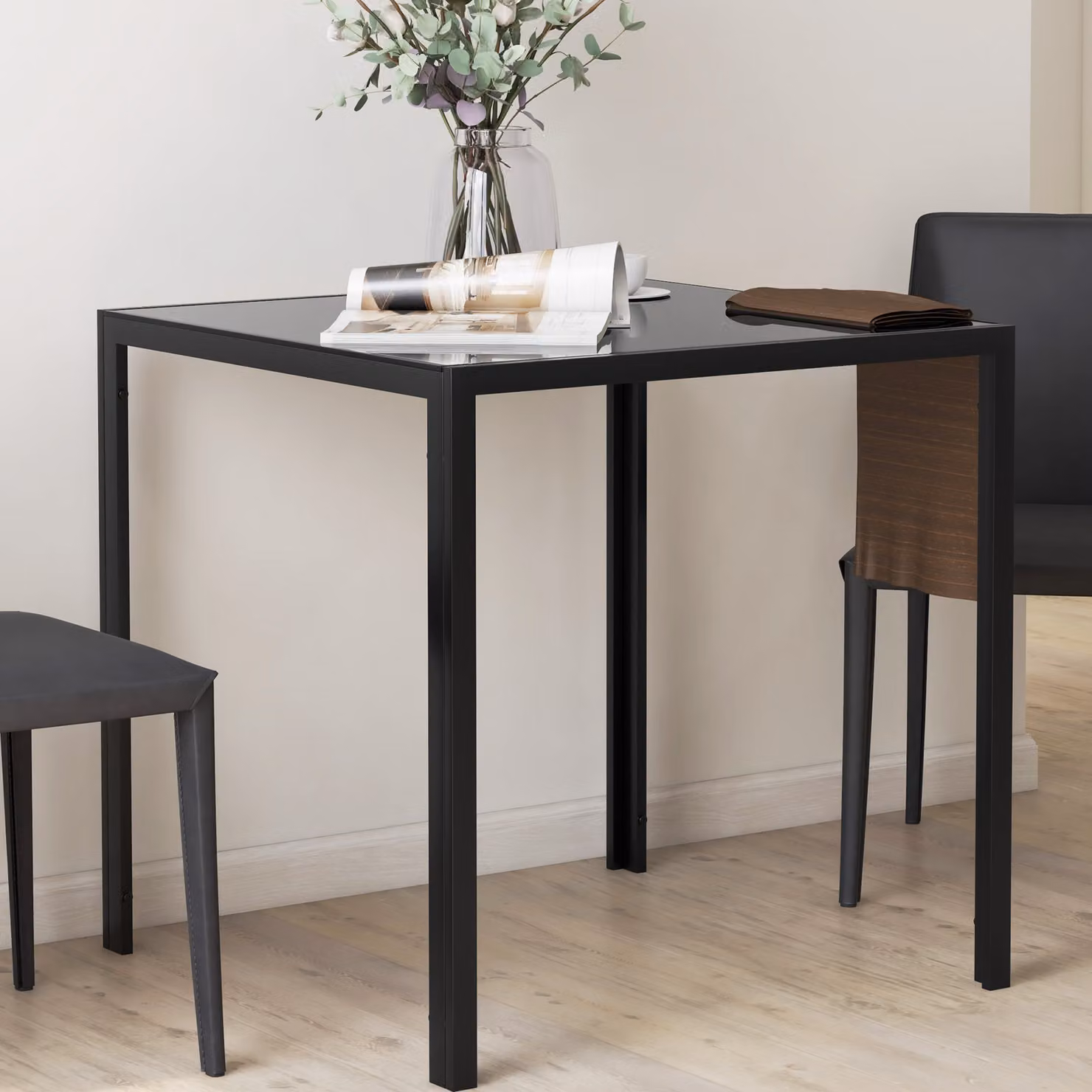 HOMCOM Modern Square Dining Table with Glossy Black Glass Top and Metal Legs, W/D/H: 80 x 80 x 75 cm – 8