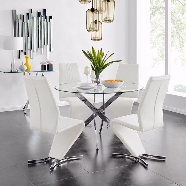 FurnitureboxUK Novara Round Glass Dining Table with 4 Willow Chairs in White and Chrome Metal