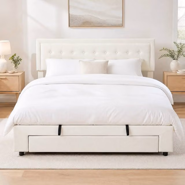 STILVORA Modern Velvet Upholstered Ottoman Bed with Storage, Cream, W/D/H: 180 x 200 x 33 cm – 1