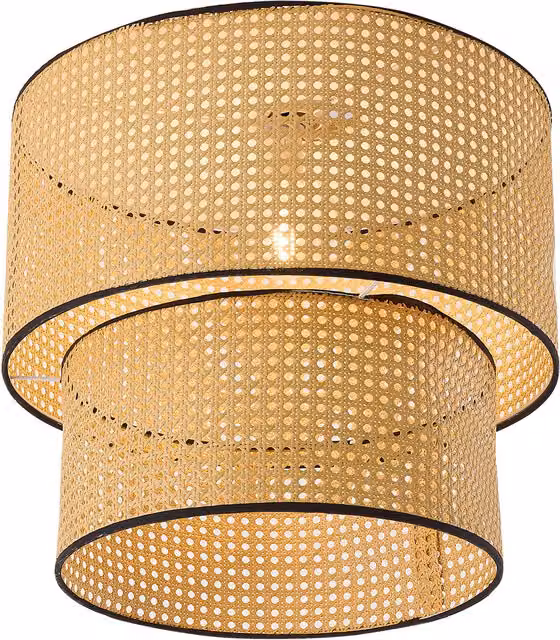 Livingandhome Scandinavian Rattan and Wood Suspended Cylinder Pendant Light in Beige and Brown