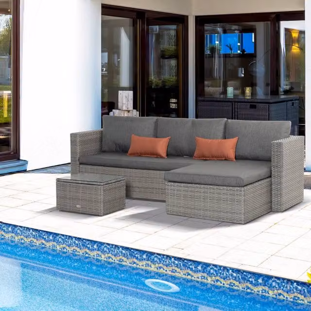 OUTSUNNY 3 Piece Grey PE Rattan Outdoor Sofa Set with Cushions and Tempered Glass Table – 1