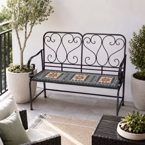 SHATCHI Marrakech 2 Seater Mosaic Garden Bench with Multicolour Geometric Ceramic Tile Seat and Lacquered Metal Frame, W: 112 cm, H: 96 cm, D: 47 cm – 9