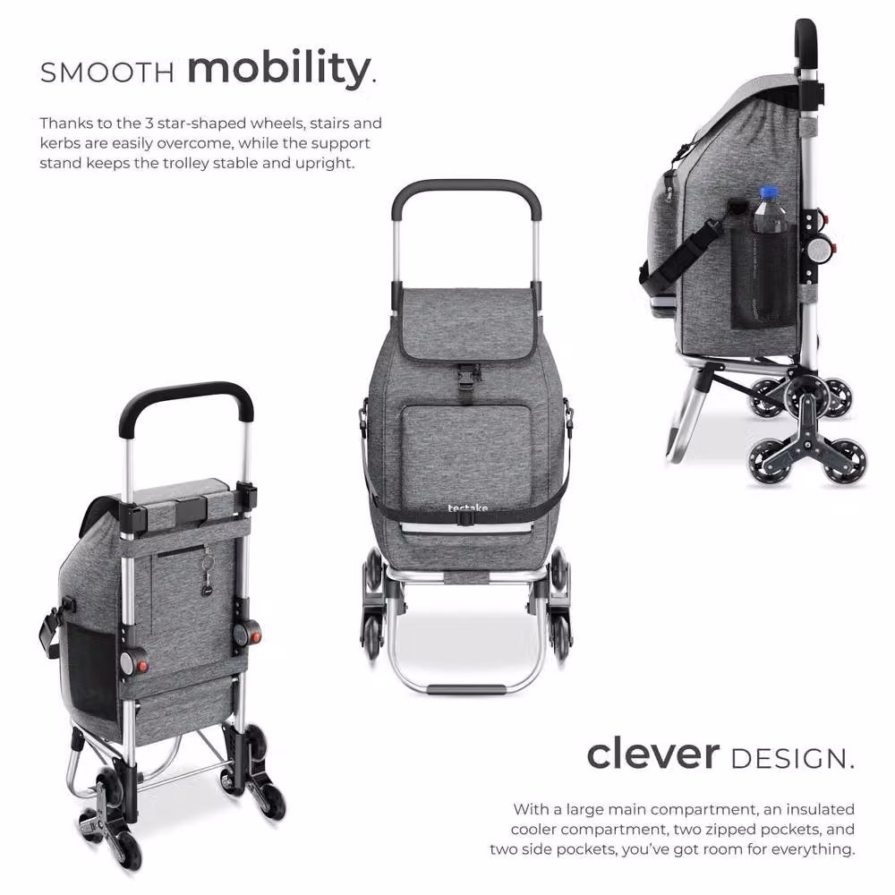 tectake 3-in-1 Foldable Shopping Trolley with Cooler Bag in Grey – 3
