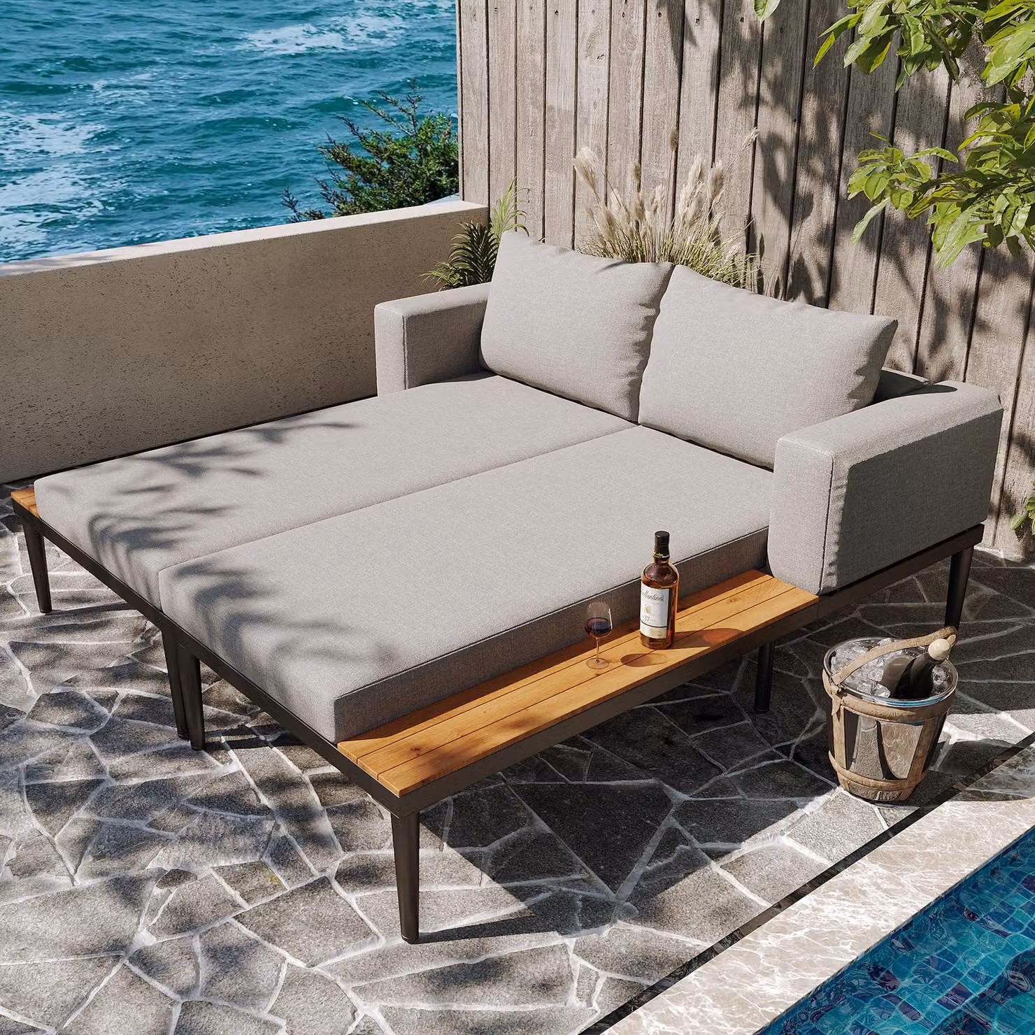 Aosom UK Modular Outdoor Double Chaise Lounge with Powder Coated Steel Frame, Grey, W: 140 cm, D: 150 cm, H: 55 cm – 6
