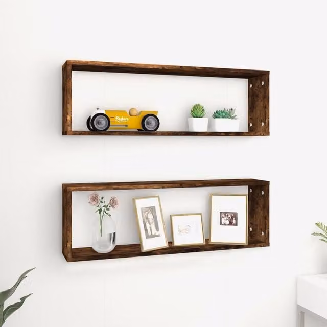 Berkfield Home Wall Mounted Cube Shelves, 2 Piece Set, Smoked Oak Brown, W: 80 cm, D: 26.5 cm, H: 15 cm