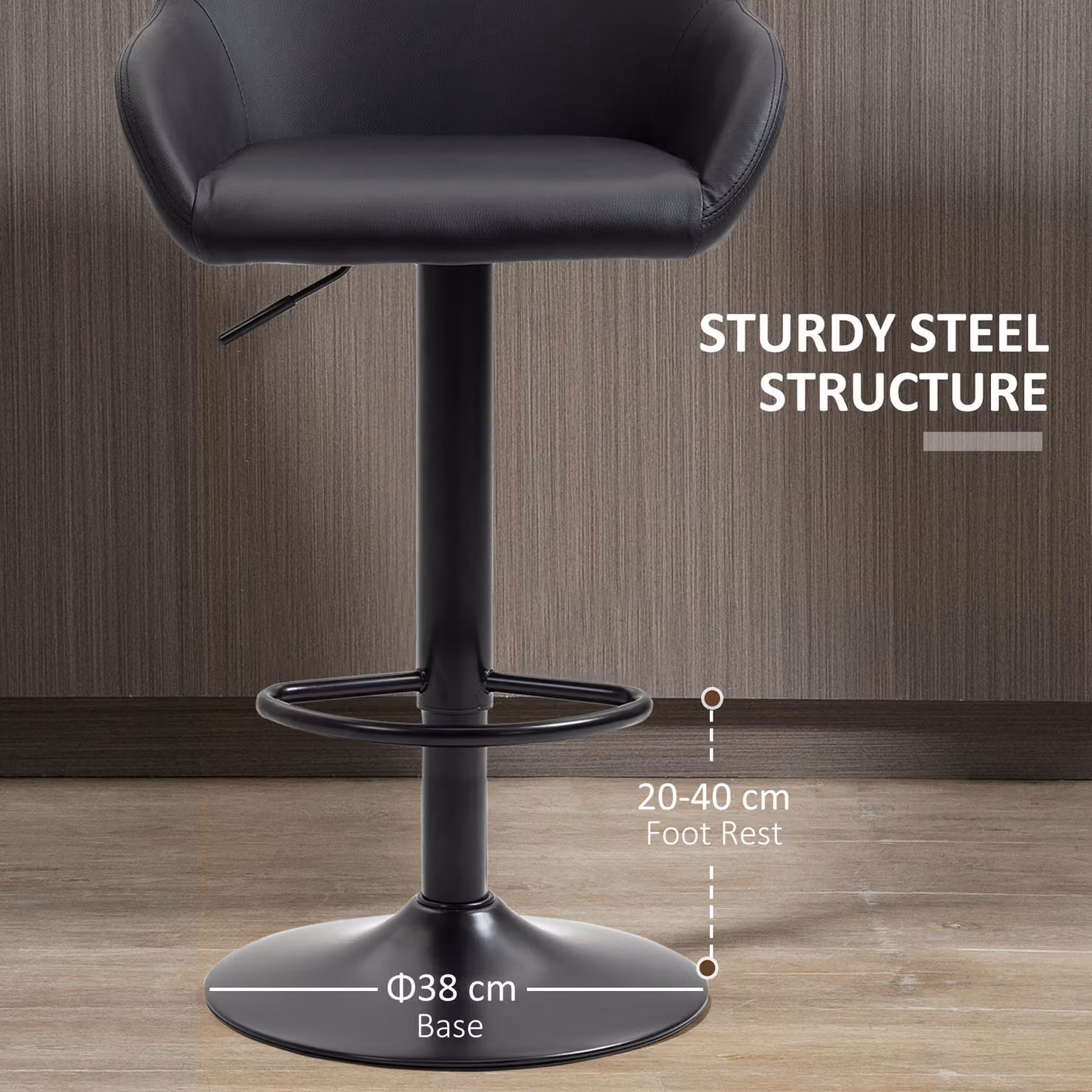 HOMCOM Set of 2 Black PU Leather Height Adjustable Swivel Bar Stools with Armrests and Backs – 6