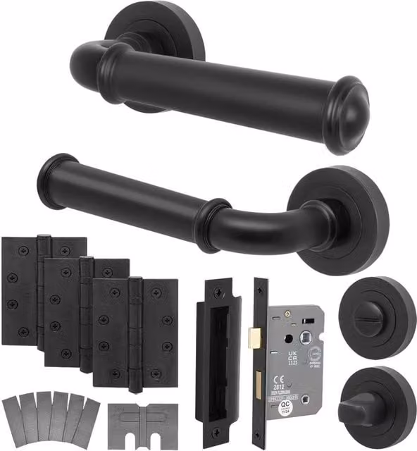 AFIT Matt Black Aluminium Fire Door Handle and Bathroom Lock Set with Hinges – 1