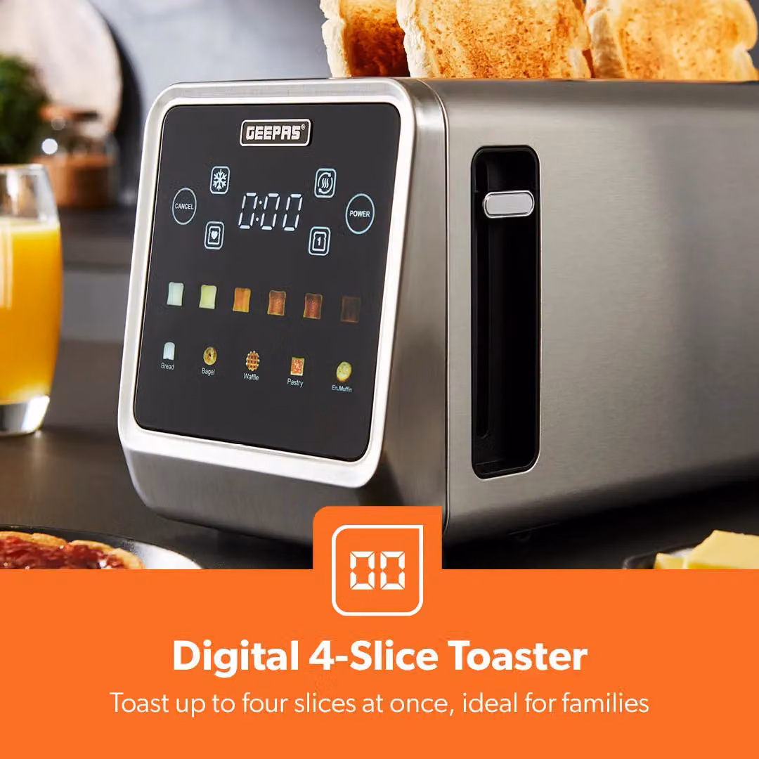 Geepas 4-Slice Digital Touch Toaster with 6 Browning Levels, Reheat and Defrost Functions in Metallic Silver – 3