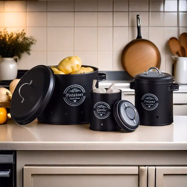 Lifeideas Metal Kitchen Storage Jar Set with Peeler, Black