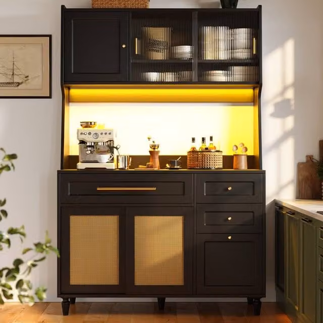 Merax Black Tall Kitchen Buffet Cabinet with Rattan and Glass Doors and Integrated Lighting, H: 180 cm, W: 115 cm, D: 40 cm