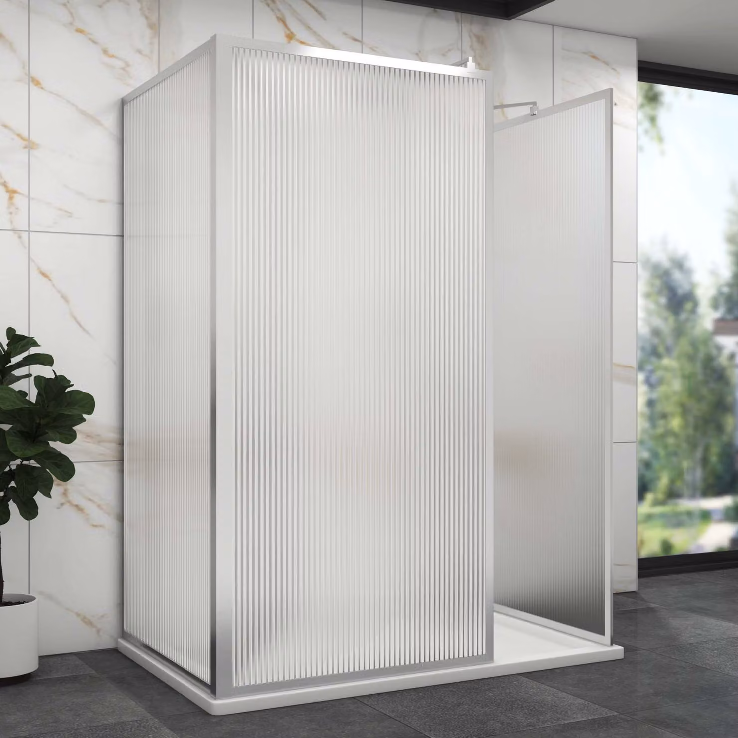 Luxor 3 Sided Walk In Fluted Shower Enclosure with Acrylic Tray and Chrome Frame, W/D: 120 x 70 cm, 8mm Easy Clean Glass