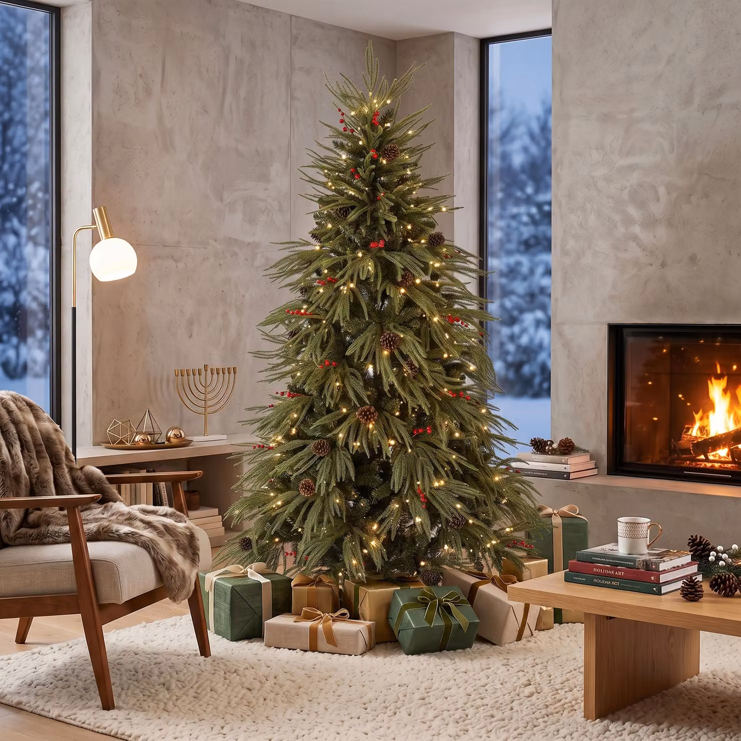 HOMCOM 6ft Green Artificial Christmas Tree with Pinecones, Red Berries and 2843 Branch Tips – 7