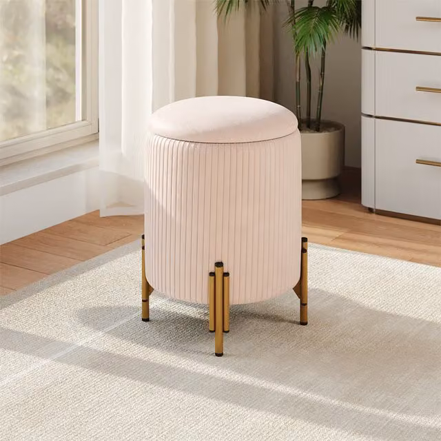Livingandhome Modern Cylindrical Velvet Storage Ottoman with Gold Metal Base in Beige