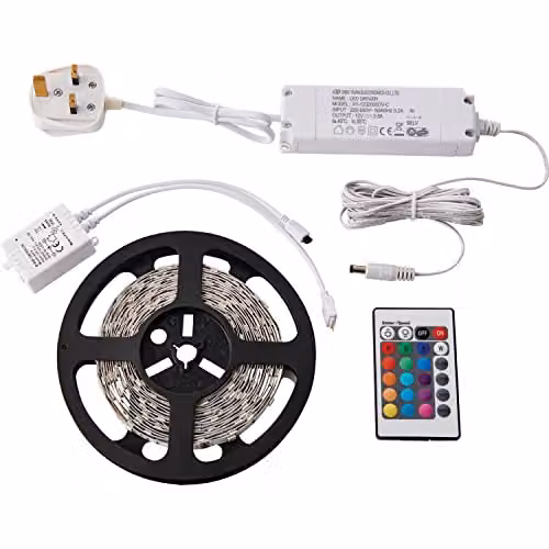Loops 5m RGB LED Strip Light Kit with 24W Power Supply and Remote Control in Multicolour and White – 1