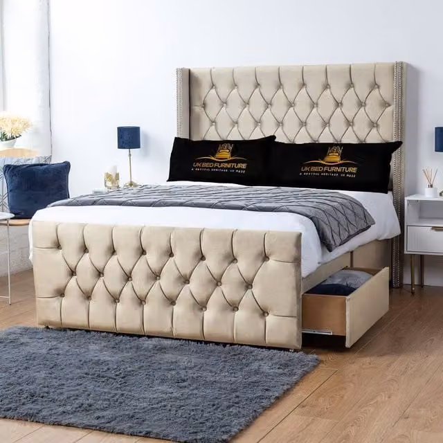 UK Bed Furniture Emily Wingback Divan Bed with 2 Foot End Drawers and 54 Inch Headboard in Beige Velvet, W/D/H: 180 x 200 cm